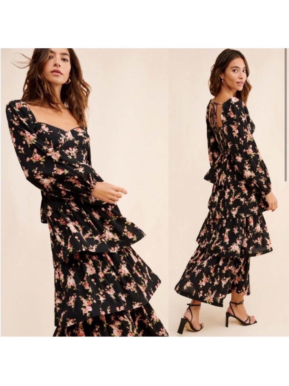 ASTR Aumie Tiered Floral Maxi Dress In Black Rose Floral Size M